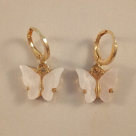 Gold Plated White Opal Resin Butterfly Dangle Earrings 12mm Womens - Picture 2 of 2